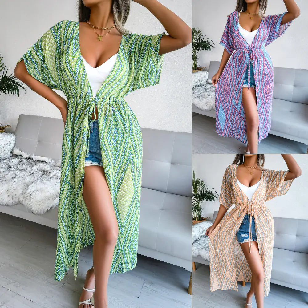 Cardigan Chiffon Imprimé Décontracté pour Femmes avec Laçage