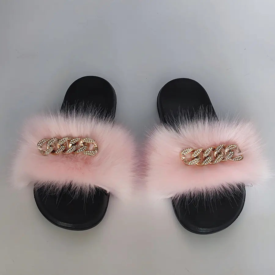 Faux Fox Fur & Chain Flip-Flops: Stylish Slippers