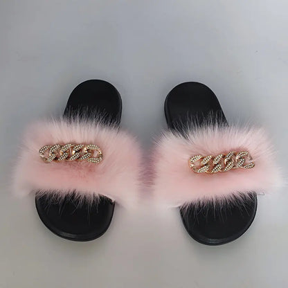 Faux Fox Fur & Chain Flip-Flops: Stylish Slippers