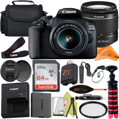 Canon EOS 2000D (Rebel T7) Digital SLR Camera 24.1MP Sensor with 18-55mm Lens + ZeeTech Accessory Bundle SanDisk 64GB Memory Card Case and Tripod. (Renewed)