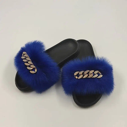 Faux Fox Fur & Chain Flip-Flops: Stylish Slippers