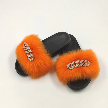 Faux Fox Fur & Chain Flip-Flops: Stylish Slippers