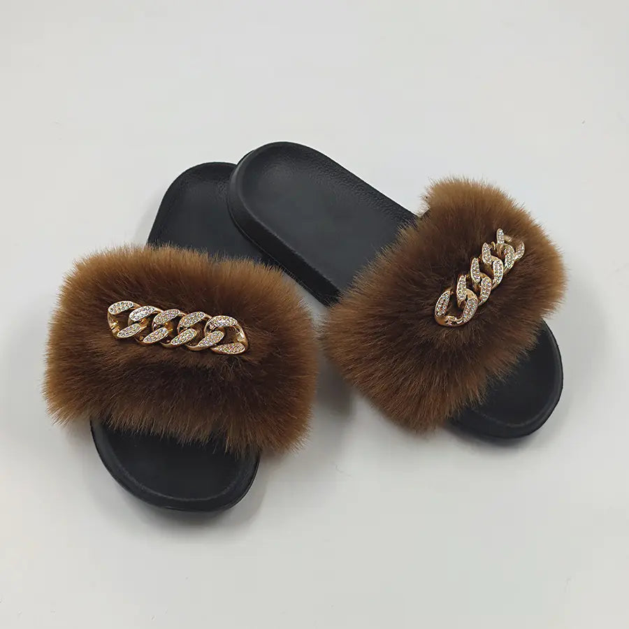 Faux Fox Fur & Chain Flip-Flops: Stylish Slippers