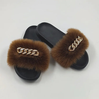 Faux Fox Fur & Chain Flip-Flops: Stylish Slippers