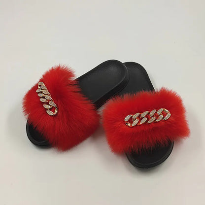 Faux Fox Fur & Chain Flip-Flops: Stylish Slippers