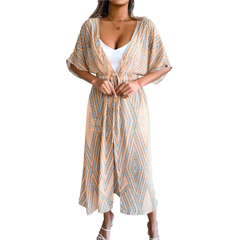 Cardigan Chiffon Imprimé Décontracté pour Femmes avec Laçage