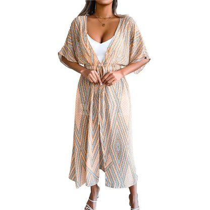 Cardigan Chiffon Imprimé Décontracté pour Femmes avec Laçage