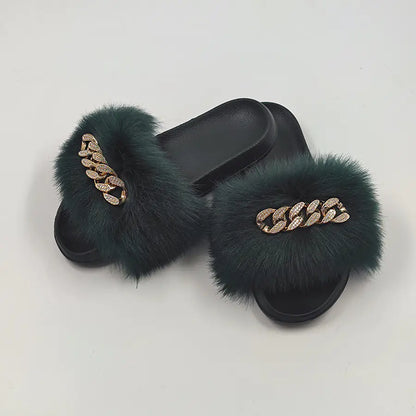 Faux Fox Fur & Chain Flip-Flops: Stylish Slippers