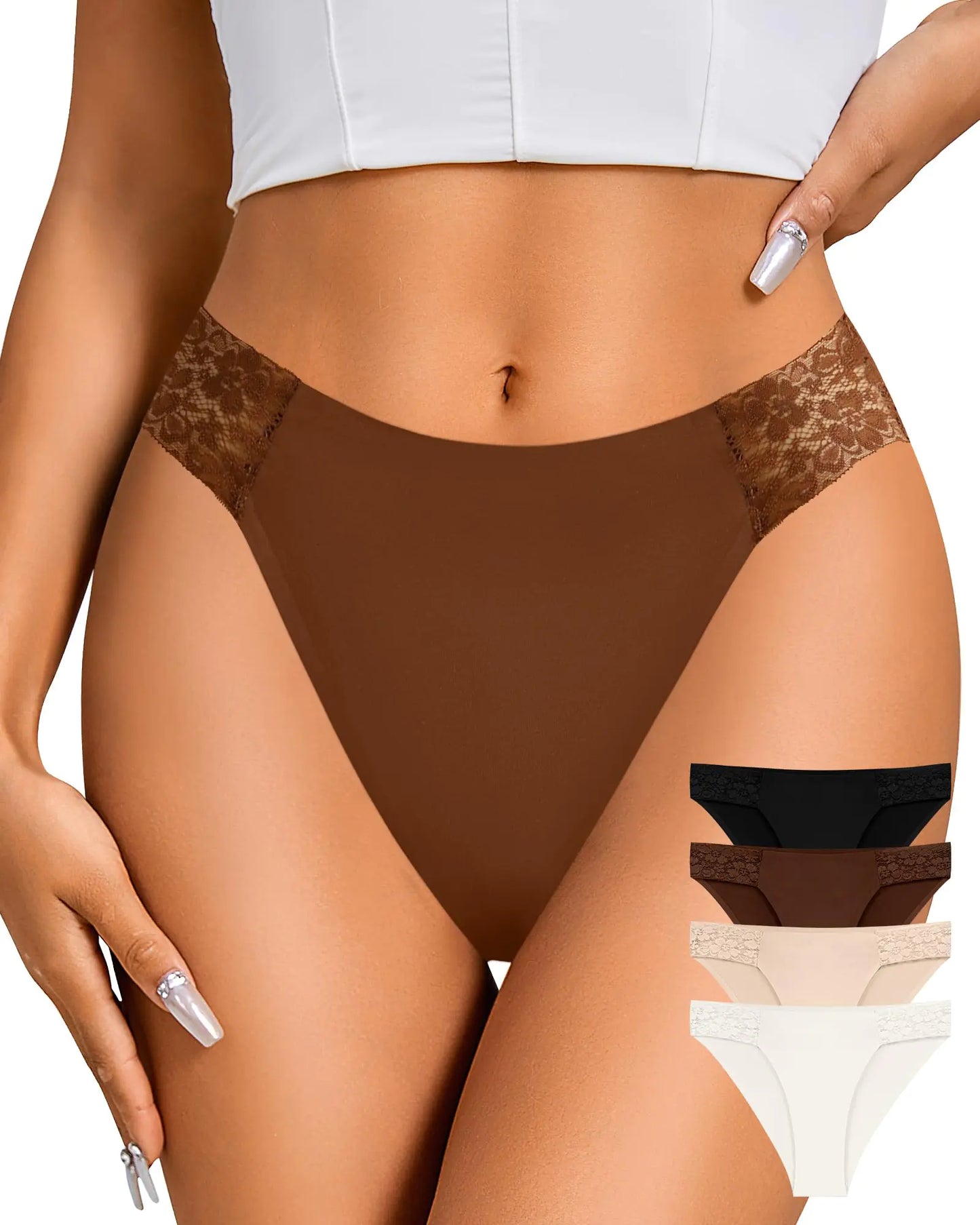 ASIMOON Culottes Femmes Sans Couture Invisible Bikini Sexy Taille Haute avec Dentelle Douces Hautes Échancrées Pack de 4