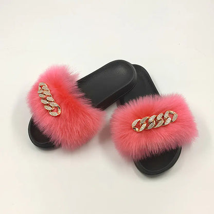 Faux Fox Fur & Chain Flip-Flops: Stylish Slippers