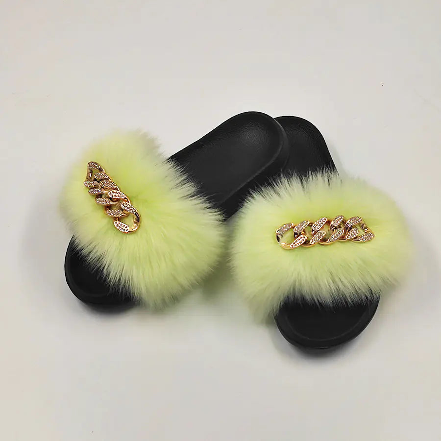 Faux Fox Fur & Chain Flip-Flops: Stylish Slippers
