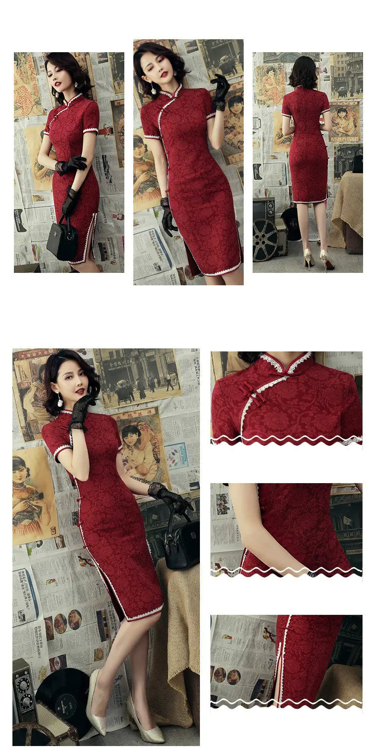 Nouveau Cheongsam en Coton Floral avec Bordure en Dentelle