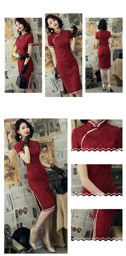 Nouveau Cheongsam en Coton Floral avec Bordure en Dentelle