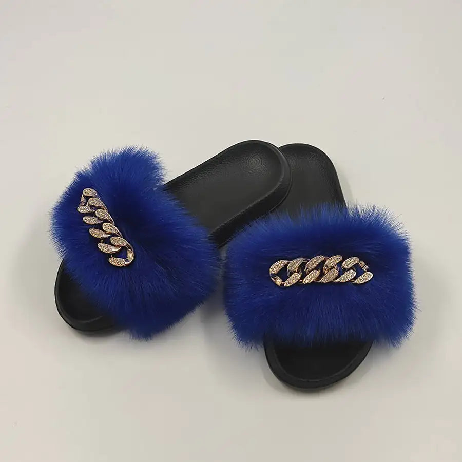 Faux Fox Fur & Chain Flip-Flops: Stylish Slippers
