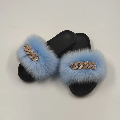 Faux Fox Fur & Chain Flip-Flops: Stylish Slippers