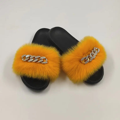 Faux Fox Fur & Chain Flip-Flops: Stylish Slippers