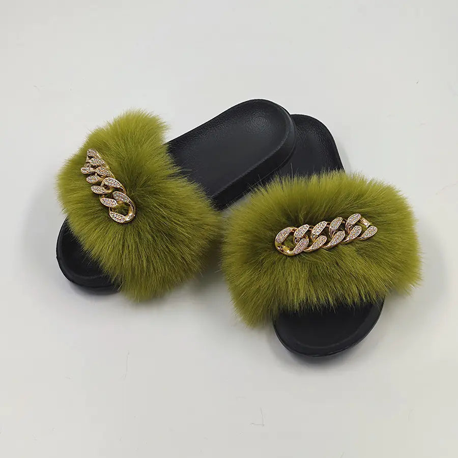 Faux Fox Fur & Chain Flip-Flops: Stylish Slippers