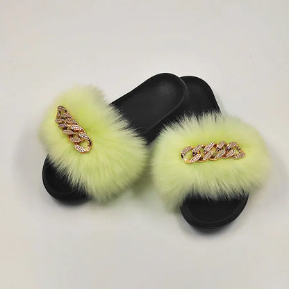 Faux Fox Fur & Chain Flip-Flops: Stylish Slippers
