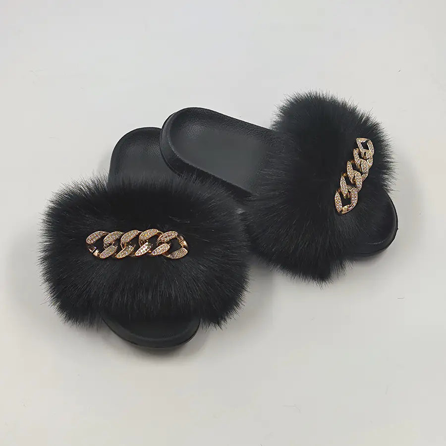 Faux Fox Fur & Chain Flip-Flops: Stylish Slippers