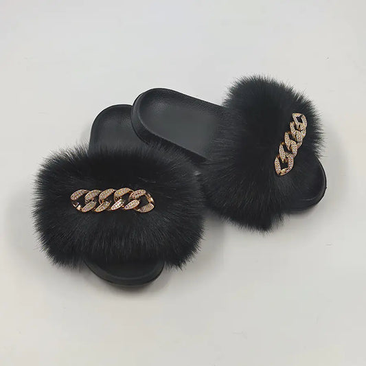 Faux Fox Fur & Chain Flip-Flops: Stylish Slippers