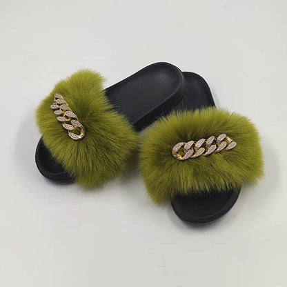 Faux Fox Fur & Chain Flip-Flops: Stylish Slippers