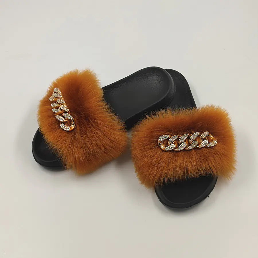 Faux Fox Fur & Chain Flip-Flops: Stylish Slippers