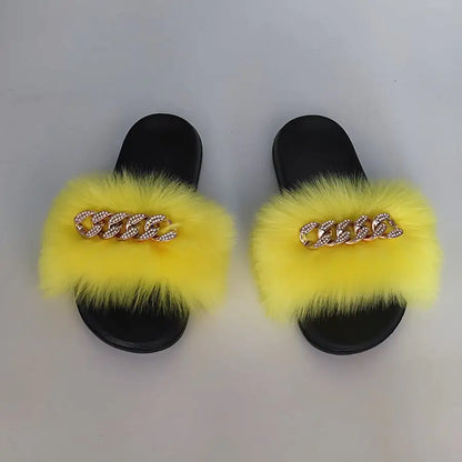 Faux Fox Fur & Chain Flip-Flops: Stylish Slippers